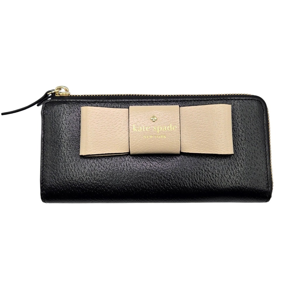 Kate Spade Black Leather Zip Around Wallet Beige Bow Gold Tone Accent